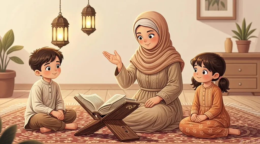 Mother explaining the meaning of Ramadan for kids at home with Quran and lantern