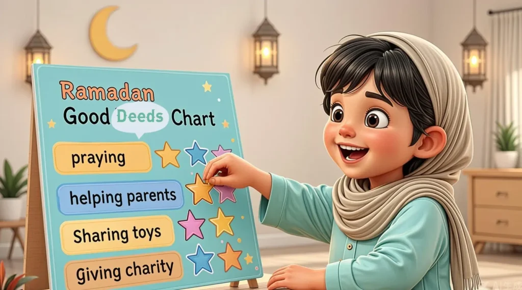 Muslim child tracking good deeds during Ramadan on a colorful chart