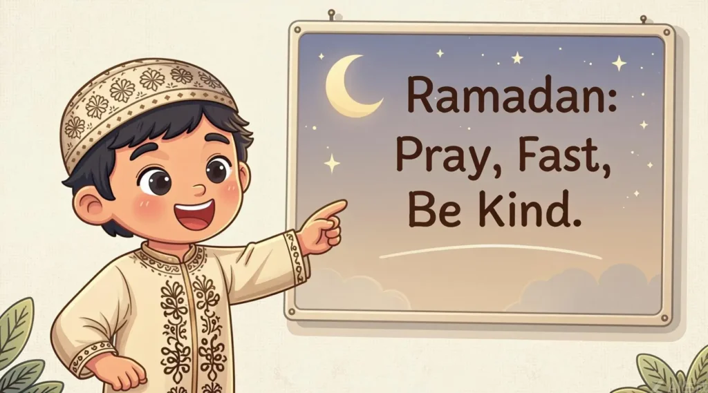 Young Muslim child learning about fasting and Ramadan with crescent moon background